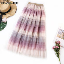 OUSLEE 2021 New Pleated Maxi Skirt Women Spring Autumn High Waist Rainbow Strip Cake Long Skirts Female Fashion Mesh Falda Femme 2024 - buy cheap