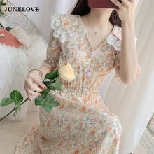 Women Chiffon Dress Summer New Korean Short Sleeve Floral Midi Dress V-Neck Bohemia Beach Dress Casual Lace Vestidos Feminina 2024 - buy cheap