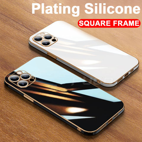 Luxury 6D Plating Soft Silicone Square Frame Case for iPhone 11 12 Pro Max Mini XR X XS 7 8 Plus SE 2020 Shiny Phone Cover Coque 2022 - купить недорого