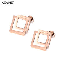 AENINE Fashion Stainless Steel Double Hollow Square Geometric Earrings Rose Gold Handmade Ear Jewelry For Women Girls AE19168 2024 - buy cheap