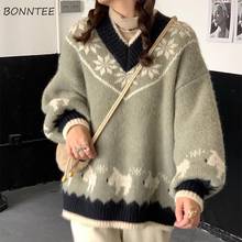 Pullovers Women V-neck Loose Long Sleeve Harajuku Printed Knitting Sweet Fresh Lovely Preppy All-match Korean Style Hot Sale New 2024 - buy cheap