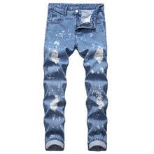 Jeans Men Ripped Denim Jeans for Men Straight Pantalones Hombre Jeans Para Hombre  Blue Distressed White Dot Jeans Male Pants 2024 - buy cheap