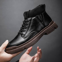 Botas masculinas de couro e tornozelo, sapatos casuais marrom, preto, com cadarço, para motocicleta 2024 - compre barato
