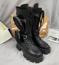 Botas de plataforma da motocicleta botas de couro feminino inverno botas mujer rendas até meados de bezerro botinas mujer 2020 zapatos de mujer 2024 - compre barato