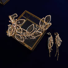 Faixa de cabelo europa, dourada, cristal, com brinco, folhas, acessório para noivas 2024 - compre barato