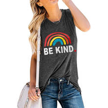 INITIALDREAM-Camiseta sin mangas con estampado de arcoíris Be Kind para mujer, camiseta informal sin mangas, Camiseta holgada de algodón para mujer, chaleco de talla grande 2024 - compra barato