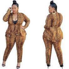 Lady's Sexy Deep V-neck Leopard Printing Suits 2020 Autumn Latest Women Full Sleeve Coats High Waist Pencil Pants Two Piece Sets 2024 - buy cheap