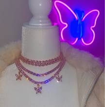 Pink cubic zirconia fashion women girl pinky jewelry pink cz butterfly charm tennis chain choker necklace 32+10cm 2024 - buy cheap