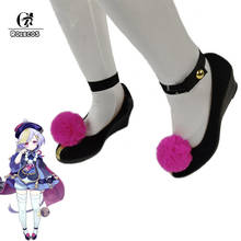 ROLECOS-zapatos de Cosplay Genshin Impact Qiqi para mujer, botas negras con bola de pelo, tacones altos 2024 - compra barato