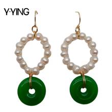 Y·YING natural Freshwater Cultured White Pearl  Ring Green stone dangle hook Earrings for women 2024 - buy cheap