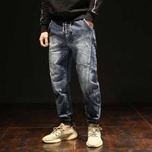 Calça jeans folgada, nova moda, hip hop, harém, masculina, plus size, para corrida, com cintura elástica, patchwork, calças jeans, roupas masculinas 2024 - compre barato