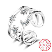 Anéis de prata esterlina 100% pura 925 real, cristal, lua, estrela, camada dupla, para mulheres, moças, declaração, joia, casamento, anel de dedo 2024 - compre barato