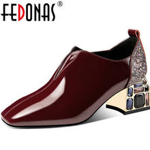 Fedonas-sapatos femininos de salto quadrado, com strass, em couro, moda primavera-verão, estilo retrô 2024 - compre barato