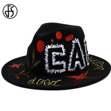 FS New Fashion Hand Drawn Painted Butterfly Graffiti Fedora Black Wide Brim Cashmere Felt Hats For Men Women Wedding Jazz Hat 2024 - buy cheap