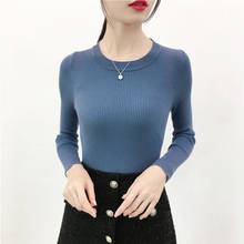 Suéter feminino básico malha canelada, blusa feminina lisa gola redonda essencial suéter manga comprida outono inverno 2021 2024 - compre barato