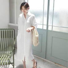 New 2020 Women Cotton Linen Long Dress Loose Casual Long Sleeve Turn-down Collar Sexy Office Dresses Female Korean Style Vestido 2024 - compre barato