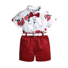 New Boys Casual Clothing Set Gentleman Bowtie Floral Printed Shirt Rose Botton Down Blouses Red Bermuda Shorts Belt Summer Set 2024 - buy cheap