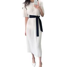 New 2021 Korean Chic Women Dress Office Ladies Casual Pleated Short Sleeve Dresses Bandage Bow Vestidos Femme Elegant 2024 - buy cheap