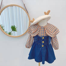 Children's Long Sleeve Lapel Collar Plaid Blouse Tops + Denim Jeans Overalls Skirts Princess Party Clothing Sets Girls 2Pcs Suit 2024 - buy cheap