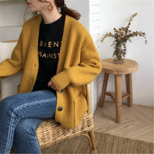 2020 V-neck Pocket Long Sleeve Yellow Sweaters Oversize Long Cardigans Casual Knitted Single Breated Women Coat Jacket Outwear 2024 - buy cheap
