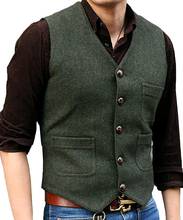 Verde masculino terno formal com decote em v lã herringbone tweed moda casual colete formal negócios groomman para o casamento 2024 - compre barato