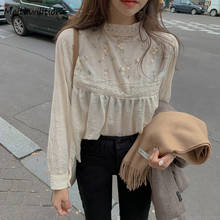 Женская блузка с длинным рукавом, Повседневная кружевная блузка с цветочной вышивкой в Корейском стиле, весна-лето 2021 2024 - купить недорого