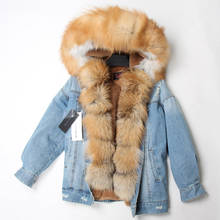 Jaqueta jeans com gola de pele de raposa natural, forro removível, casaco com parque feminino, roupas de inverno 2024 - compre barato