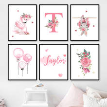 Personalizado nome do bebê coelho flamingo rosa flor berçário impressão da arte da parede pintura em tela nordic poster fotos da parede decoração do quarto da menina 2024 - compre barato