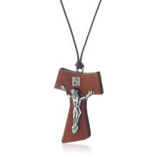 Collar con colgante de cruz de madera Natural para hombre y mujer, cadena de cuerda ajustable con forma de cruz de Jesús, joyería de collar MN226 2024 - compra barato