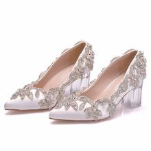 7cm crystal transparent square thick heel shoes diamond wedding shoes annual performance stage dress long skirt shoes silk 2024 - buy cheap