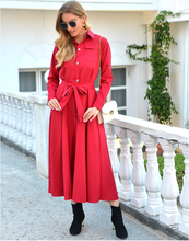Autumn women fashion loose single breasted long sleeve shirt style casual belted dress 2024 - buy cheap