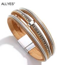 Allyes multicamadas metal corrente pulseiras de couro para mulheres de alta qualidade strass charme wrap pulseira moda jóias 2024 - compre barato