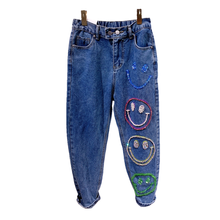 2022 Harem Pants Vintage High Waist Jeans women flashing diamonds smiley face baggy pants casual loose denim pants 2024 - buy cheap