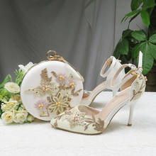 Round Bags Lace Flower wedding shoes with matching bags High heels Pointed Toe Ankle Strap Ladies Party shoe and bag set 2024 - buy cheap