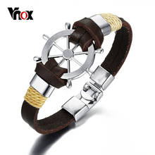 Vnox Rudder Bracelet Bangle Double Layer Genuine Leather Brown Black Color Vintage Seaman Jewelry 2024 - buy cheap