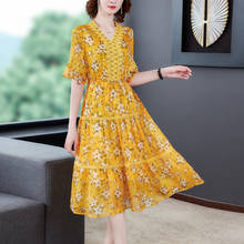 Vestido Midi de seda de mora con flores amarillas, elegante, escote en V, Vintage, para verano, talla grande 2XL, 2021 2024 - compra barato