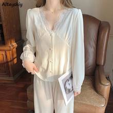 Пижамный комплект женский кружевной с длинным рукавом и V-образным вырезом 2024 - купить недорого