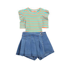 4-8Years Girl’s Puff Sleeve and Shorts Set Fashion Stripe Round Neck T-shirt and Pleated Denim Culottes 2024 - buy cheap