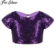 FEESHOW Kids Girls T Shirt Cap Sleeves Sparkly Sequins Keyhole Back Crop Top Dance Stage Performance Birthday Party Daily Wear 2024 - buy cheap