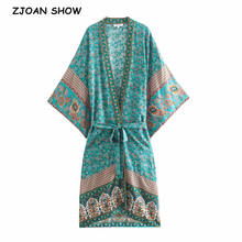 Casaco kimono longo com estampa floral boho, camisa feminina hippie, laço, faixas de lacinho, cardigã solto, blusa, tops, férias, 2021 2024 - compre barato