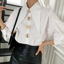 Pointed Collar Long Lantern Sleeve Chic Ladies Blouse White Trendy Clothing Sequined Gold Buttons Shirt Blusas 2021 Spring Z567 2024 - buy cheap