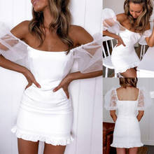 BKLD 2020 New Summer Sheer Mesh Patchwork Puff Long Sleeve Bodycon White Mini Dress Elegant Women Slim Party Club Ruffle Dresses 2024 - buy cheap