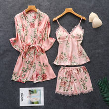 Conjunto de pijamas feminino de verão, pijamas de tecido de seda falsa, 3 peças, roupa de dormir sexy, cardigã, robe, roupas de dormir soltas 2024 - compre barato