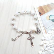 QIGO Rose Flower Crystal Rosary Bracelet Religious Cross Jewelry 2024 - buy cheap