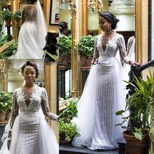 Nigerian Mermaid Wedding Dresses Long Sleeves Beaded Tulle Custom Made Wedding Gown Bridal Dresses 2020 2024 - buy cheap