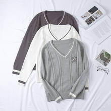 Uniforme escolar japonês macio, vestido em malha jk, manga comprida, gola em v, camisola cinza, branca, estilo britânico, roupas bordadas 2024 - compre barato