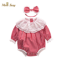 Baby Girl Cotton Romper Plaid Lace Collar Long Sleeve Newborn Infant Jumpsuit Romper+Bow Headwear Baby Clothes 0-24M 2024 - buy cheap