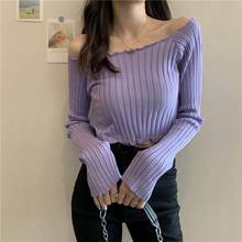 Off Shoulder Crop Top Korean Style Autumn Long Sleeve Knitted Tops Women Elegant Sexy Slim Blue Purple Pink White Top 2024 - buy cheap