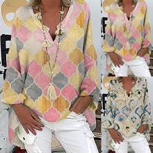 Women Casual Long Sleeve Cotton and Linen Loose Blouse Spring V Neck Print Irregular Shirt Vintage Oversized Tops Plus Size 5 XL 2024 - buy cheap