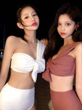 Korean Ruches Tankini Swimsuit Fused Teenage Bikini Set Women Two Pieces Reversible Bikini set One Shoulder Badpak 2024 - buy cheap